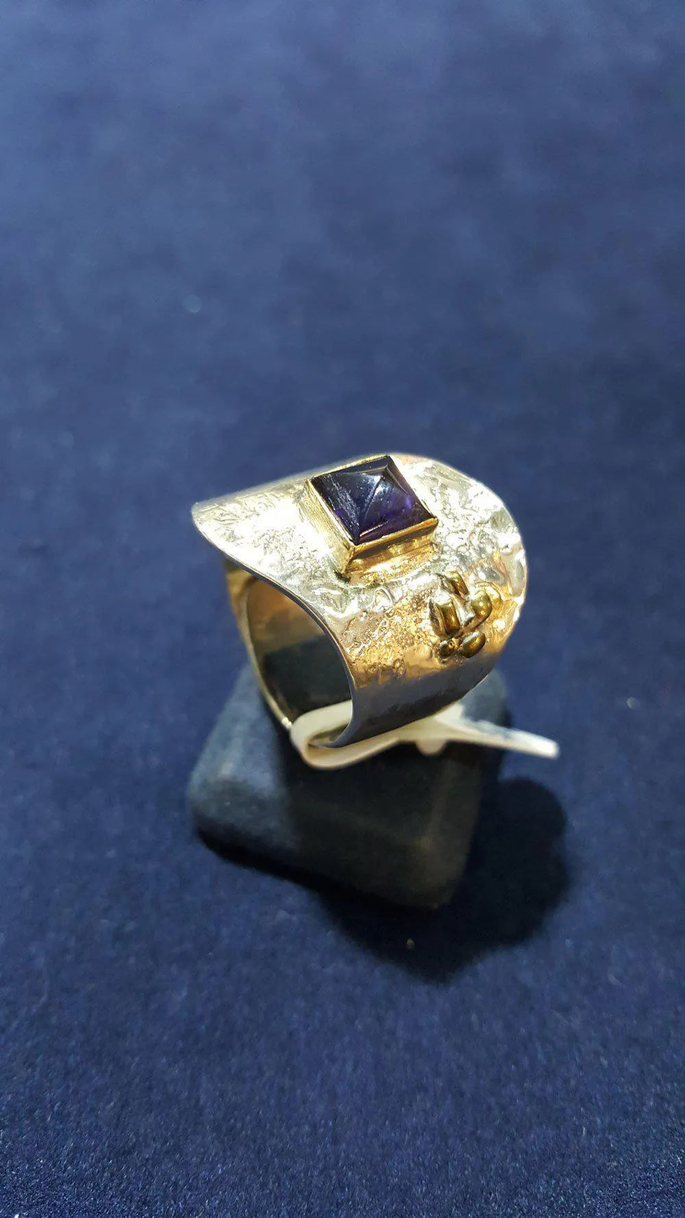Sterling Silver Ring and Iolite Stone in 18 k. gold, modern Ring, Handmade Ring, Greek Jewelry - Dinos-Virginia