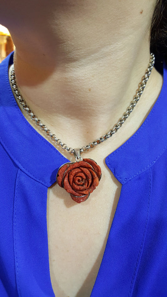 Sterling Silver Rose Pendant with Red Coral, Rose Medallion, Flower pendant, Vintage Jewelry, Handmade pendant, Greek Jewelry - Dinos-Virginia