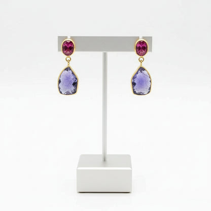 Tanzanite funcy cut and pink tourmaline 18k earrings, one of a kind, Fine earrings, handmade earrings, Greek jewelry - Dinos Virginia Jewelry