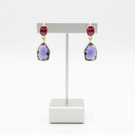 Tanzanite funcy cut and pink tourmaline 18k earrings, one of a kind, Fine earrings, handmade earrings, Greek jewelry - Dinos Virginia Jewelry