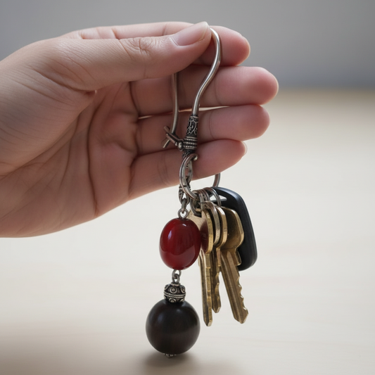 Keychain in sterling silver with red amber and horn