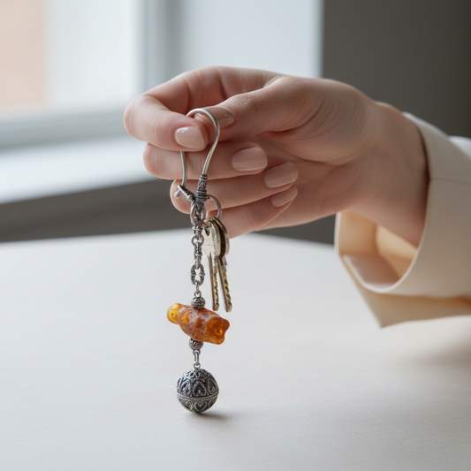 Hand holding a keychain with beads on a light surface